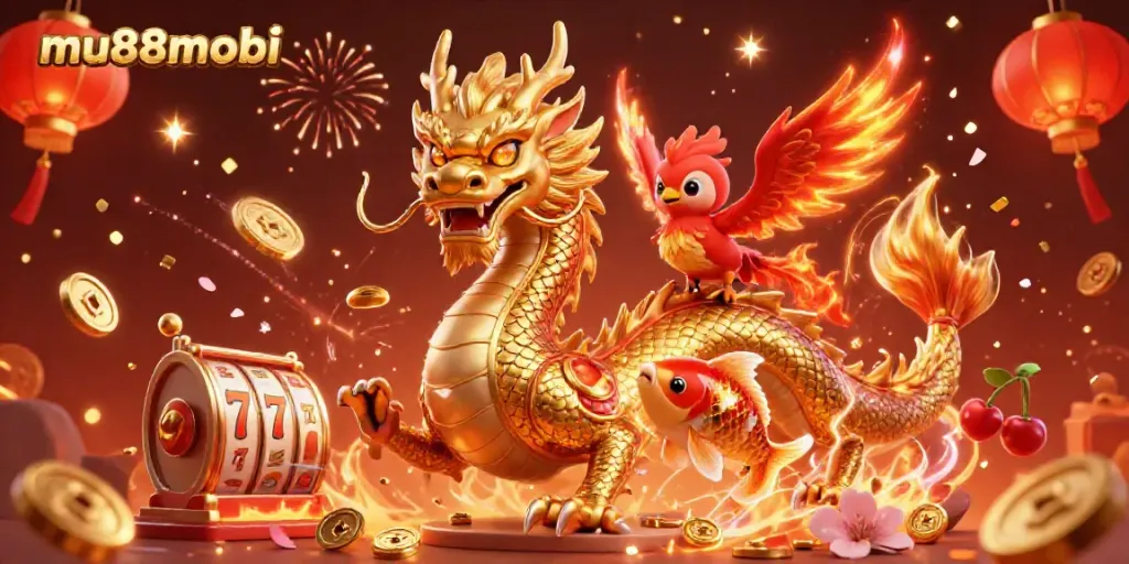 Engaging scene of mu88mobi casino with vibrant characters including a dragon, phoenix, and koi, highlighting thrilling slot reels.