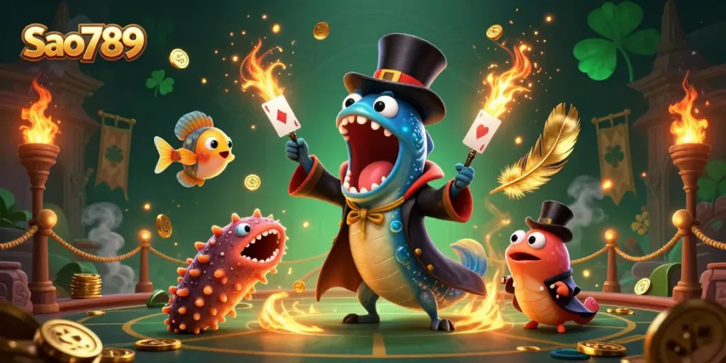 Sao789 features a vibrant 3D illustration of whimsical sea creatures in a magical casino, creating excitement.