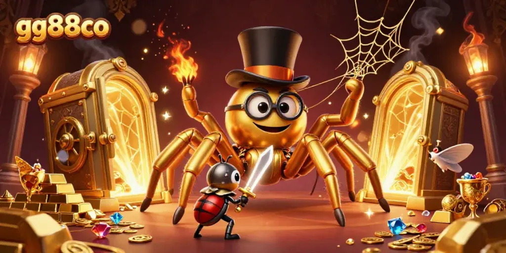 Engage with the thrilling scene of gg88co, featuring a giant tarantula and beetle knight amidst a vibrant casino.