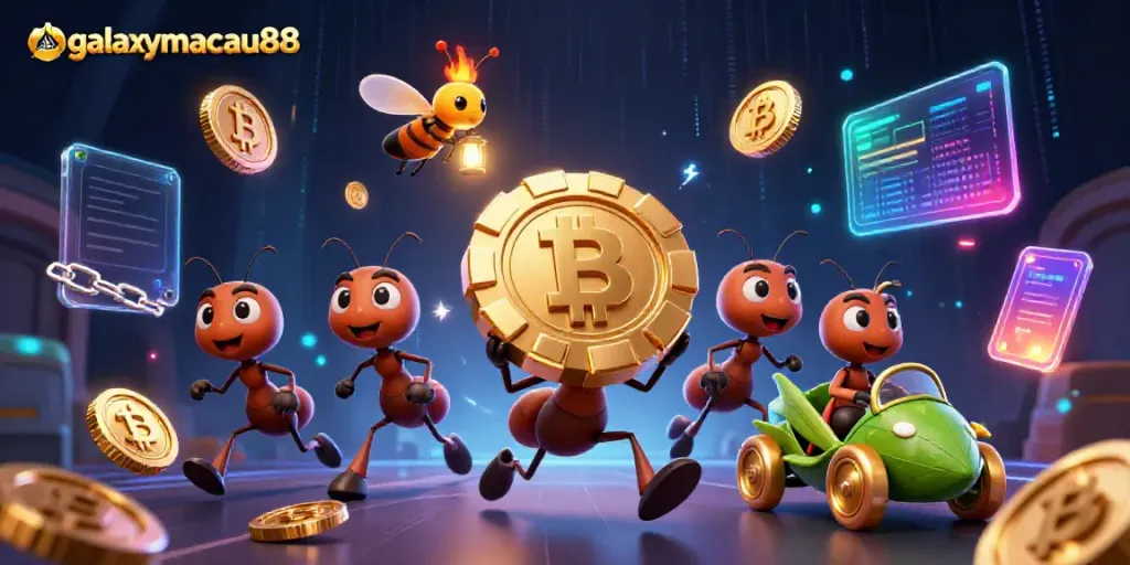 Engaging fantasy scene depicting galaxymacau88 with ants carrying a giant poker chip in a vibrant casino heist