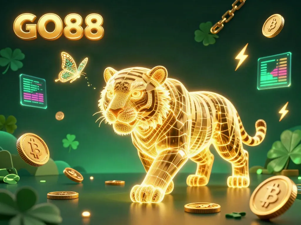 Experience GO88's vibrant digital casino with a glowing tiger, cryptocurrency coins, and holographic data in a rich 3D rendering.