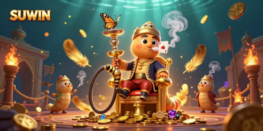 Suwin offers thrilling gambling scenes highlighting a cartoon sultan caterpillar and vibrant casino elements.