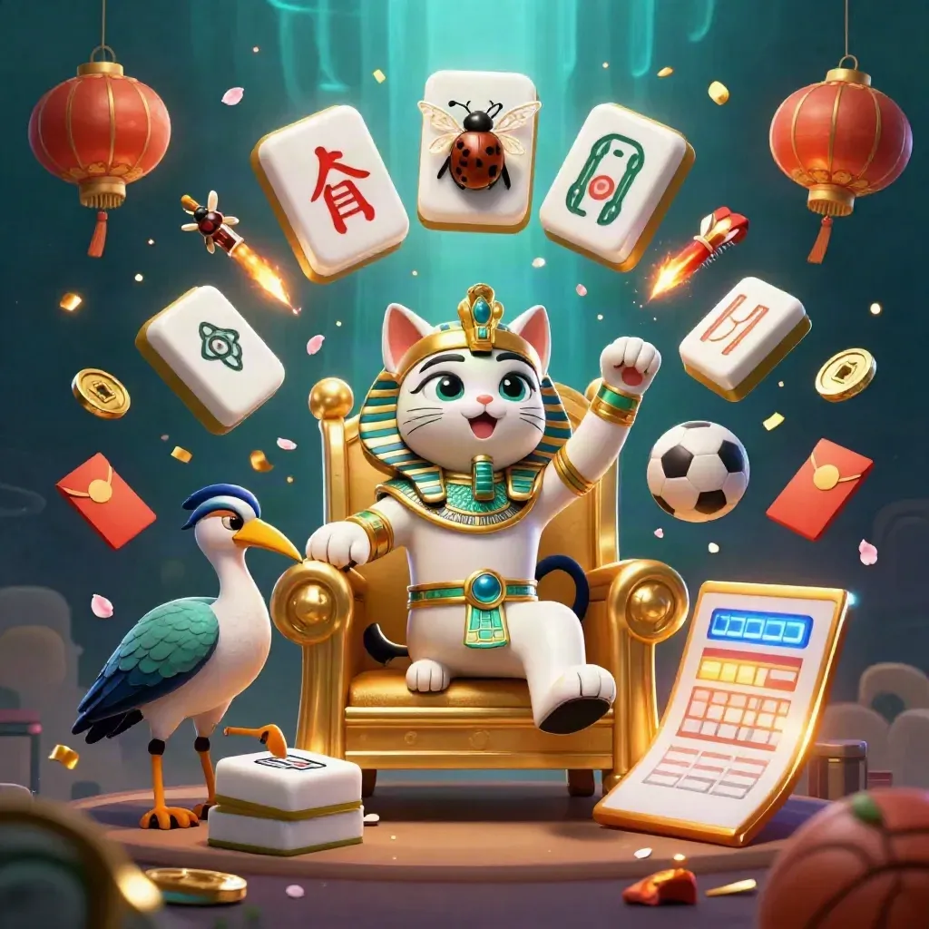 Pharaoh cat, ibis scribe, and scarabs amid lanterns, coins, sports icons, and blue-gold rays.