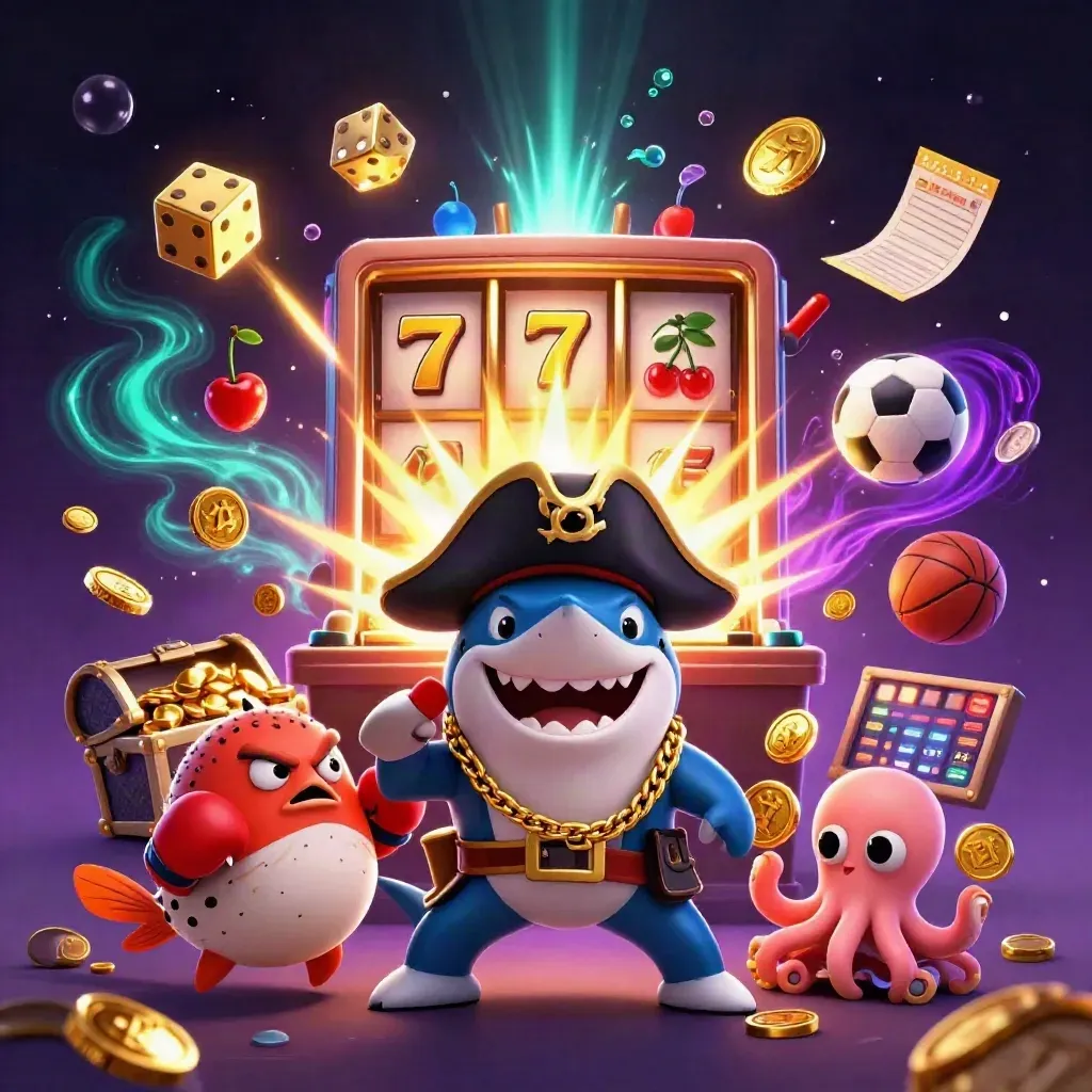 Pirate shark, pufferfish, and octopus burst through casino loot in neon underwater light.