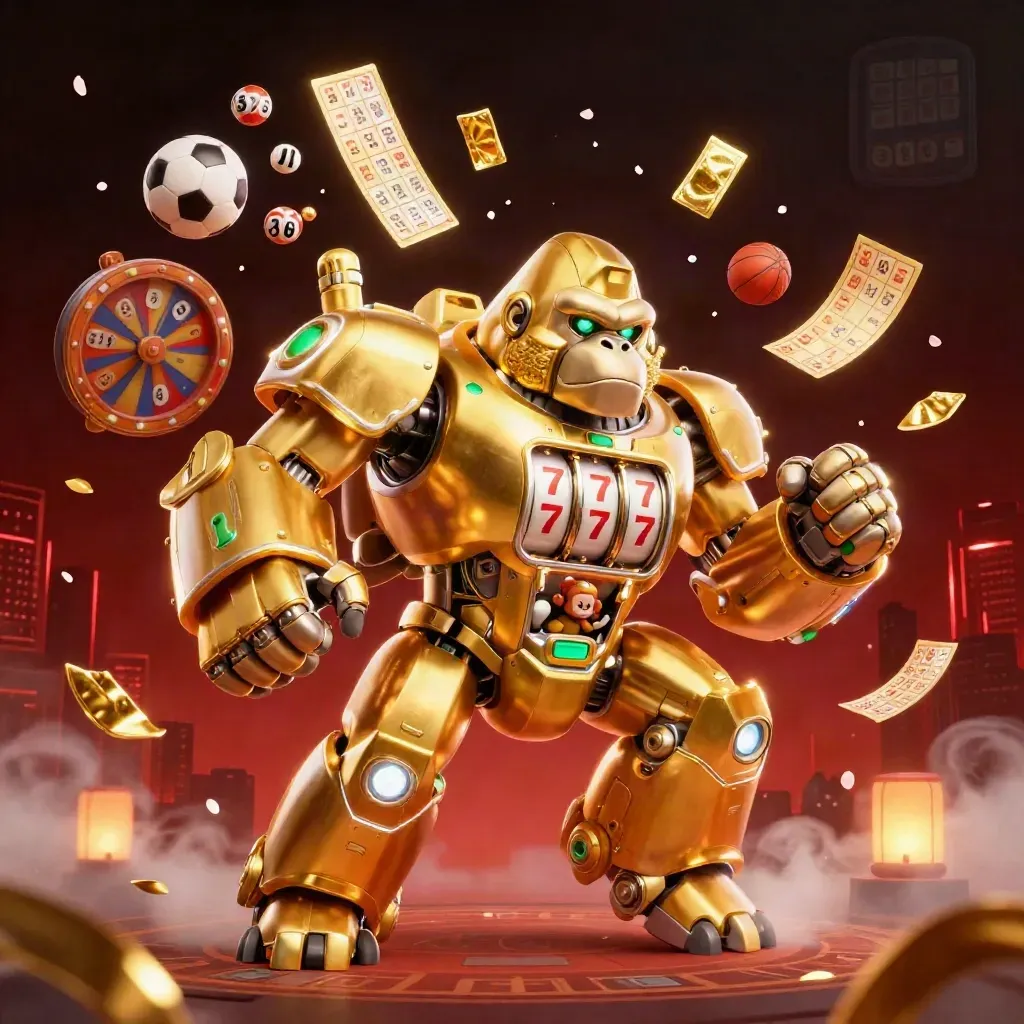 Golden gorilla mech with monkey pilot, lottery balls, prize wheel, and glowing casino effects.