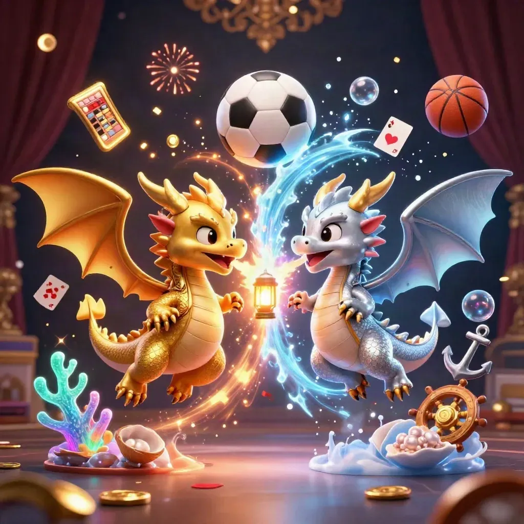 Gold and silver dragons whirl over casino treasure with sports gear and glowing effects