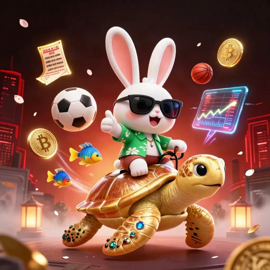 Cartoon rabbit on golden turtle with coins, soccer ball, basketball, and casino neon effects.