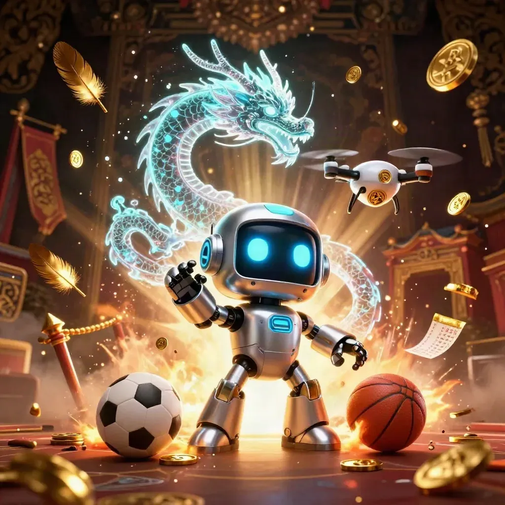 Cyberpunk robot, holographic dragon, and drone amid coins, balls, and gold casino light.
