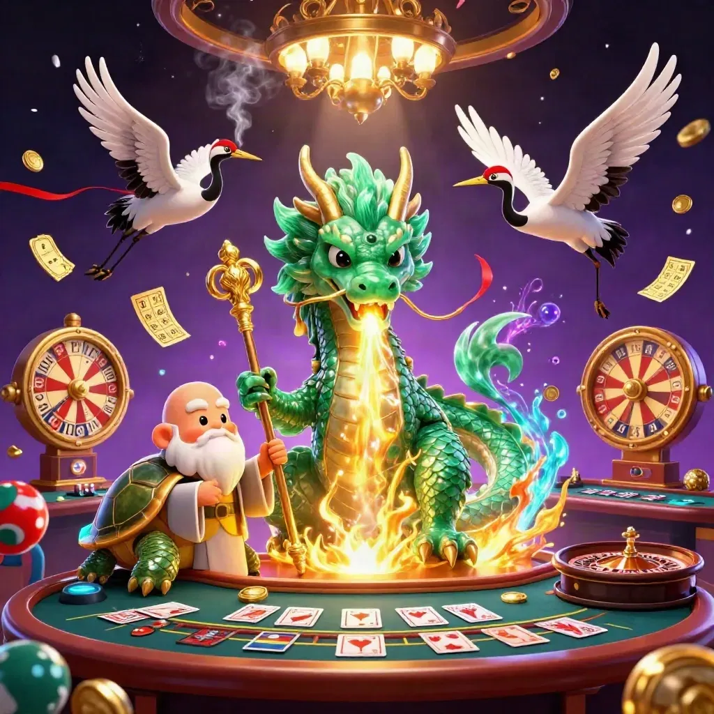 Emerald dragon, turtle sage and cranes amid casino magic, gold fire, roulette and glowing lights.