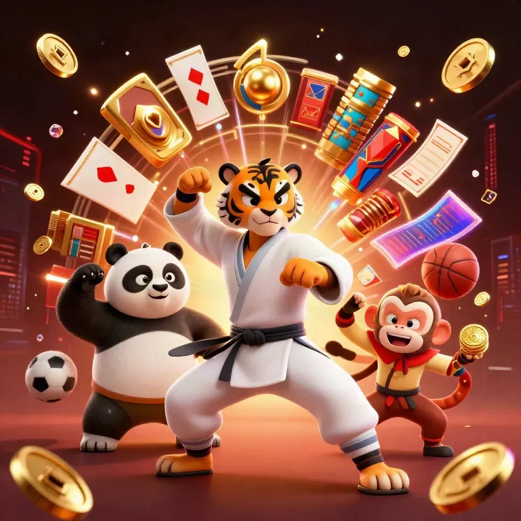 Kung-fu tiger, panda, and monkey amid casino props and neon energy, cinematic key art.