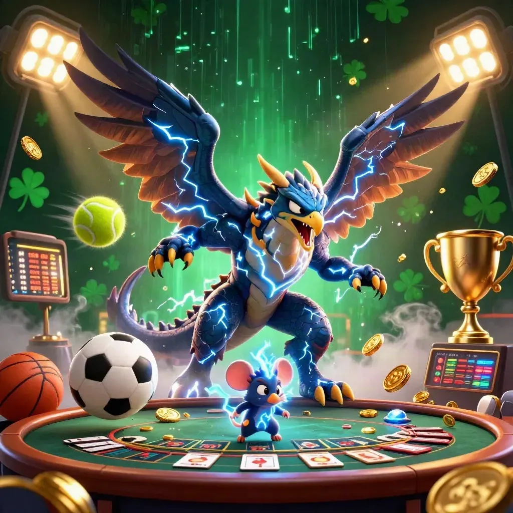 Thunder dragon, wind hawk, and static mouse amid casino lights, coins, and emerald energy.