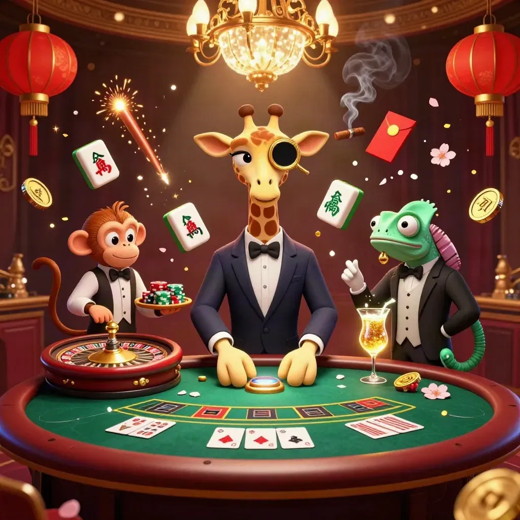 Giraffe high roller, monkey valet, and chameleon bartender in a luxe casino room with lanterns, coins, and cards