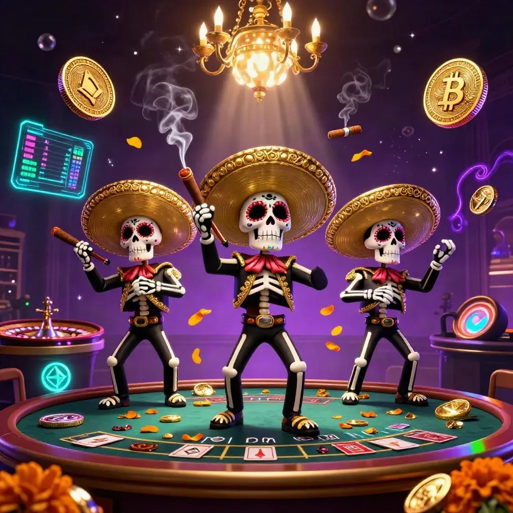 Skeleton mariachi trio in a luxe neon casino scene with coins, charts, and magical lighting.