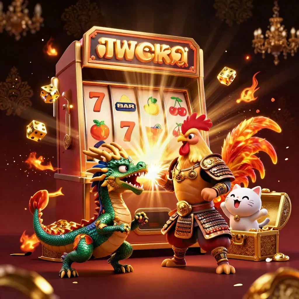 Rooster warrior, dragon hatchling, and fortune-cat amid exploding slot machine, gold, and ember sparks.