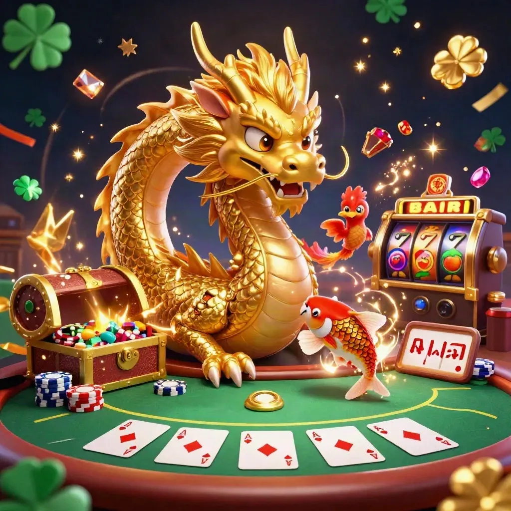 Golden dragon with phoenix and koi amid casino chips, cards, slot reels, gems, and emerald glow.