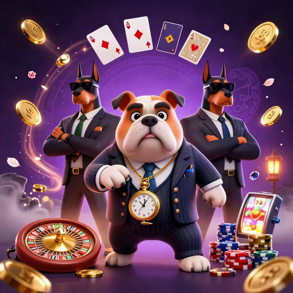 Bulldog boss and two Dobermans amid casino riches, coins, gems, roulette, and purple magic.