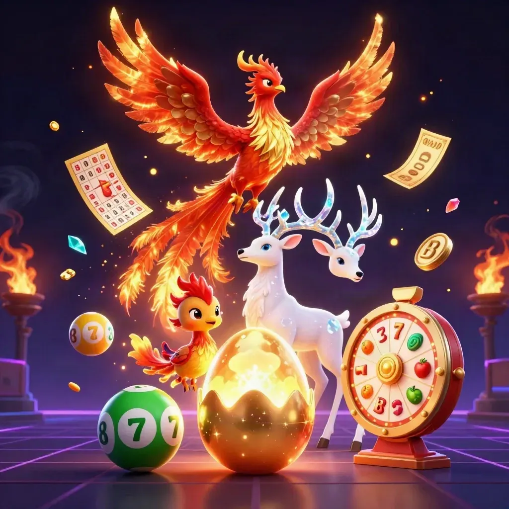 Phoenix, hatching chick and crystal stag burst amid casino props on a dark neon grid.
