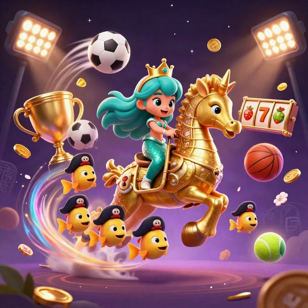 Mermaid princess on armored seahorse amid sports balls, coins, and neon casino effects