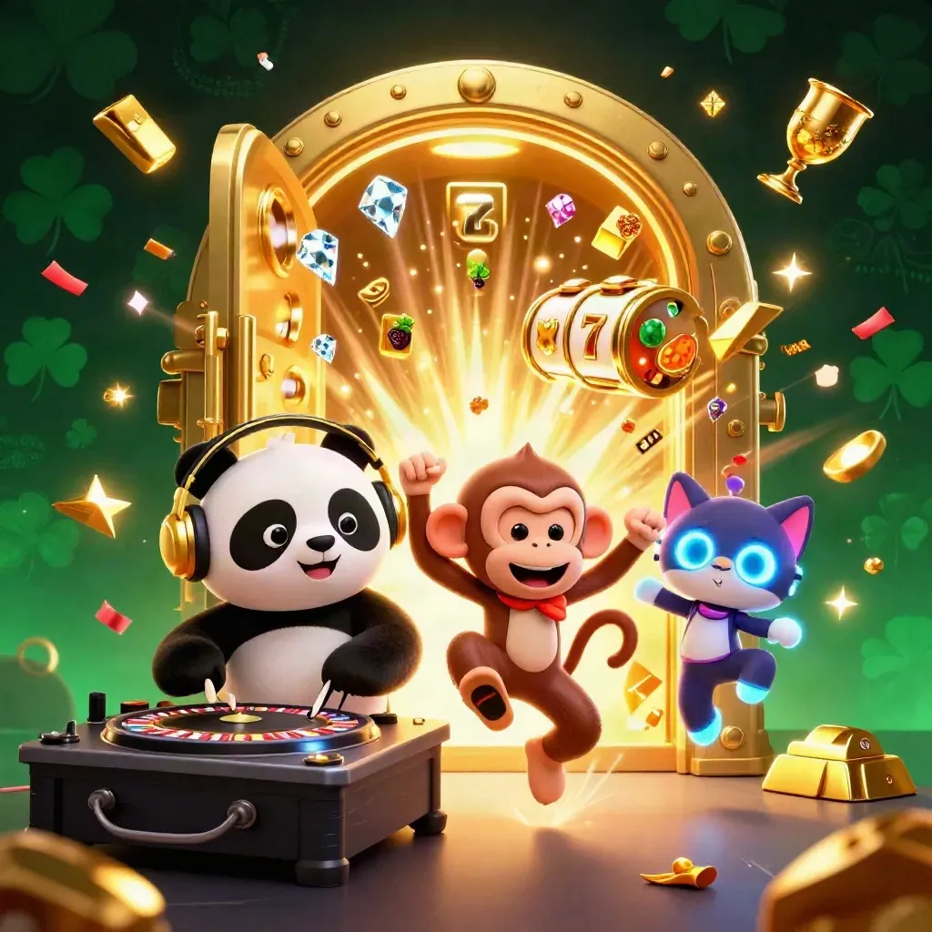 DJ panda, breakdancing monkey, and glow-stick kitten amid treasure, gems, and casino lights.