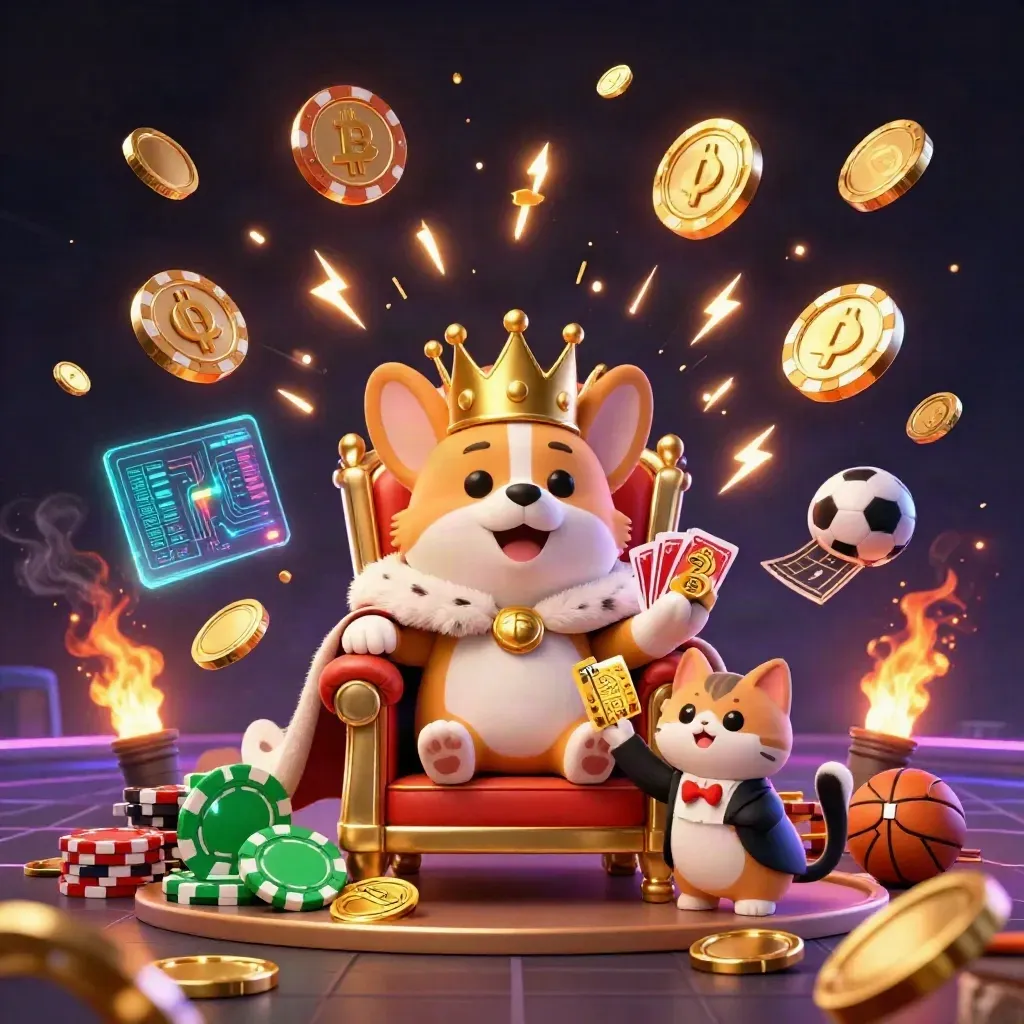 Royal corgi and cat butler amid bursting coins, crypto icons, sports gear, and fireworks.