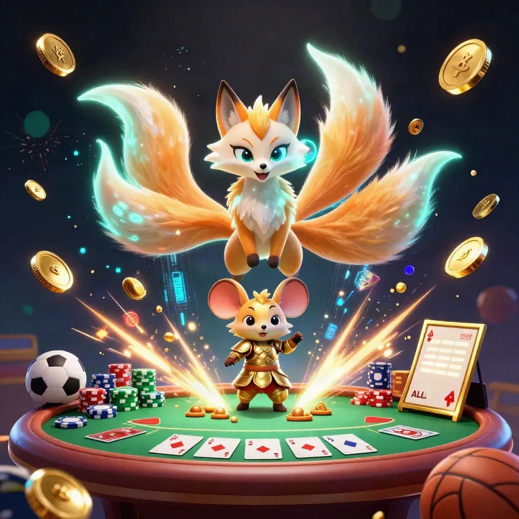 Fox spirit and armored mouse amid coins, poker chips, cards, and fireworks on a dark navy casino backdrop.