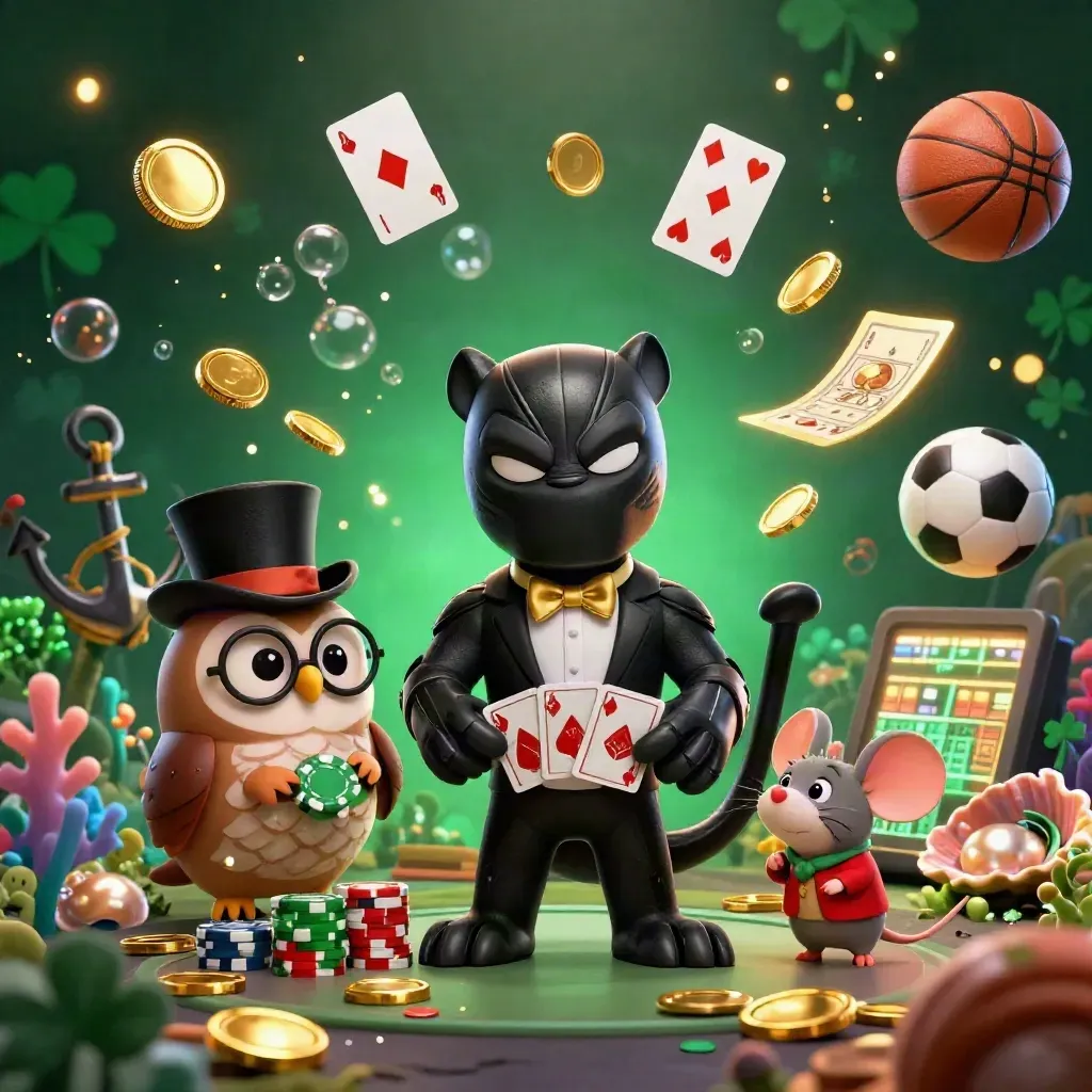 Panther, owl, and mouse amid a gold coin blast over emerald treasure cove.