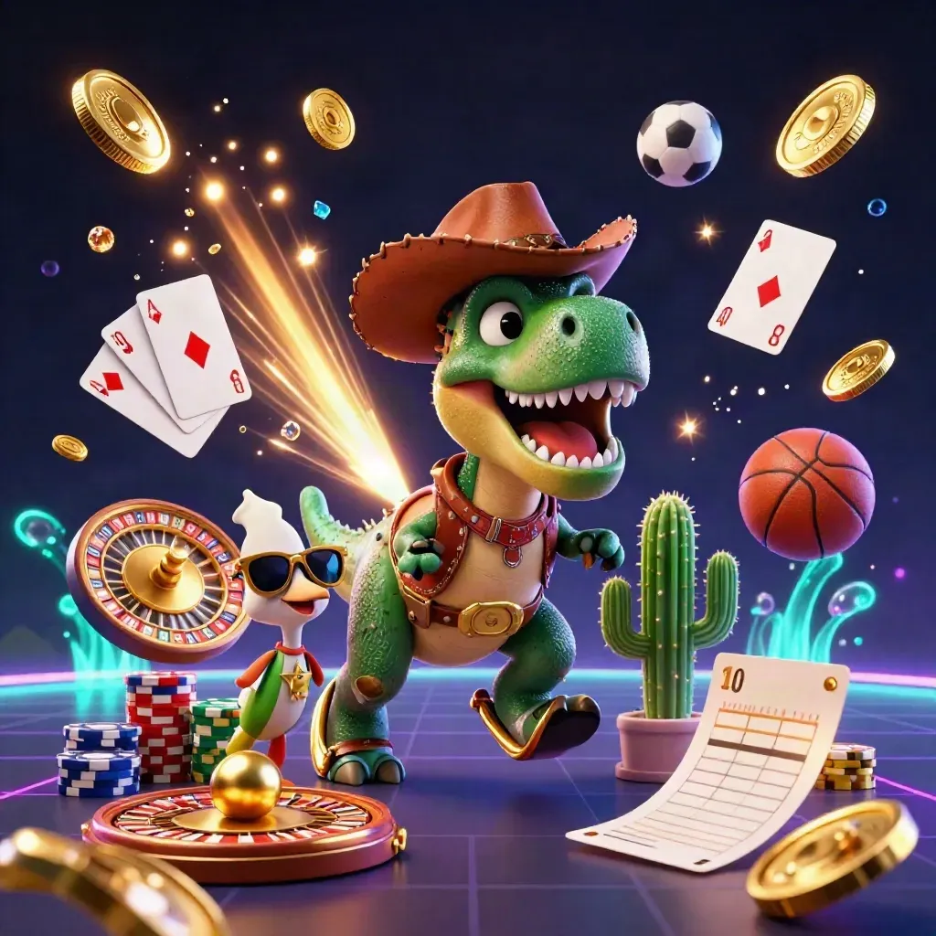 Cowboy T-Rex, cactus and roadrunner amid coins, chips, cards and a glowing vault burst.