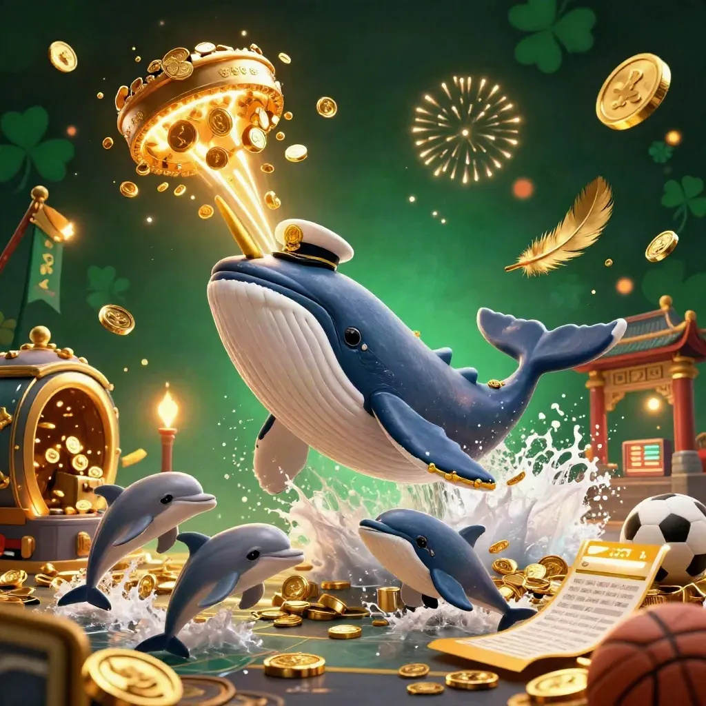 Whale captain, narwhal and dolphins burst through coins with casino lights and sports props.