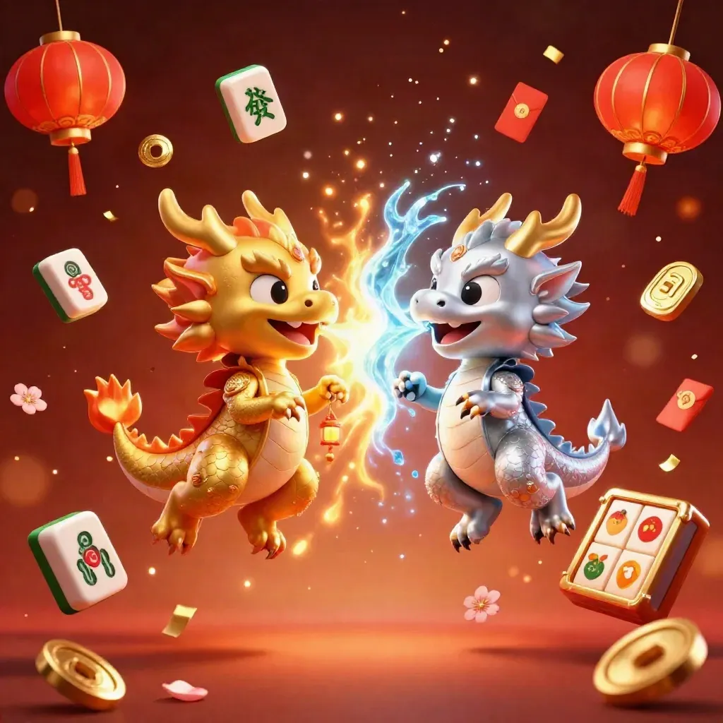 Twin gold and silver dragons spiral with fire and ice, surrounded by casino lucky charms and glowing embers.