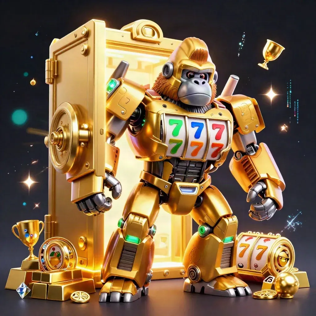 Golden gorilla mech with monkey pilot, vault burst, coins, gems, neon casino energy