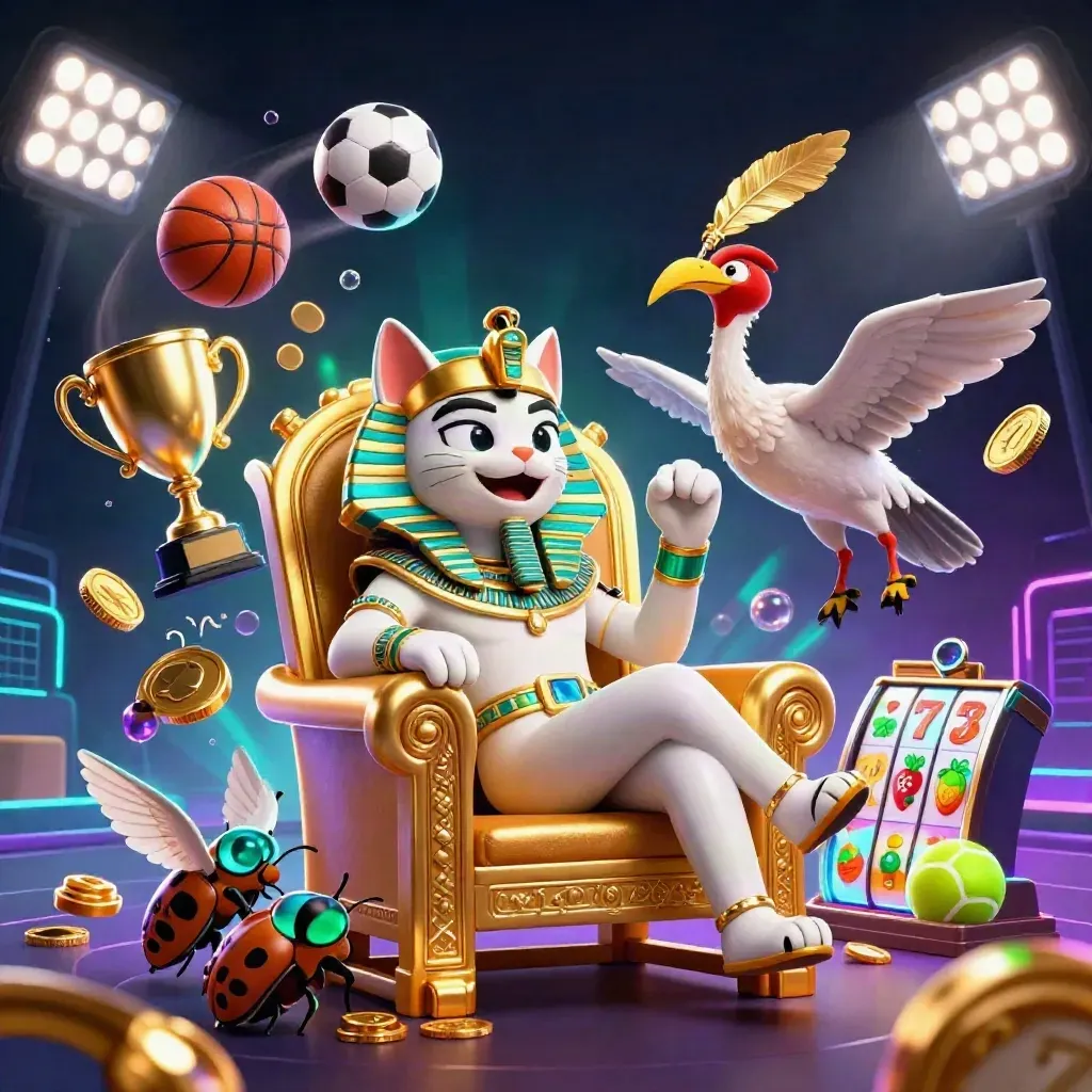 Pharaoh cat on throne with ibis scribe, gem scarabs, sports balls, coins and neon casino effects.