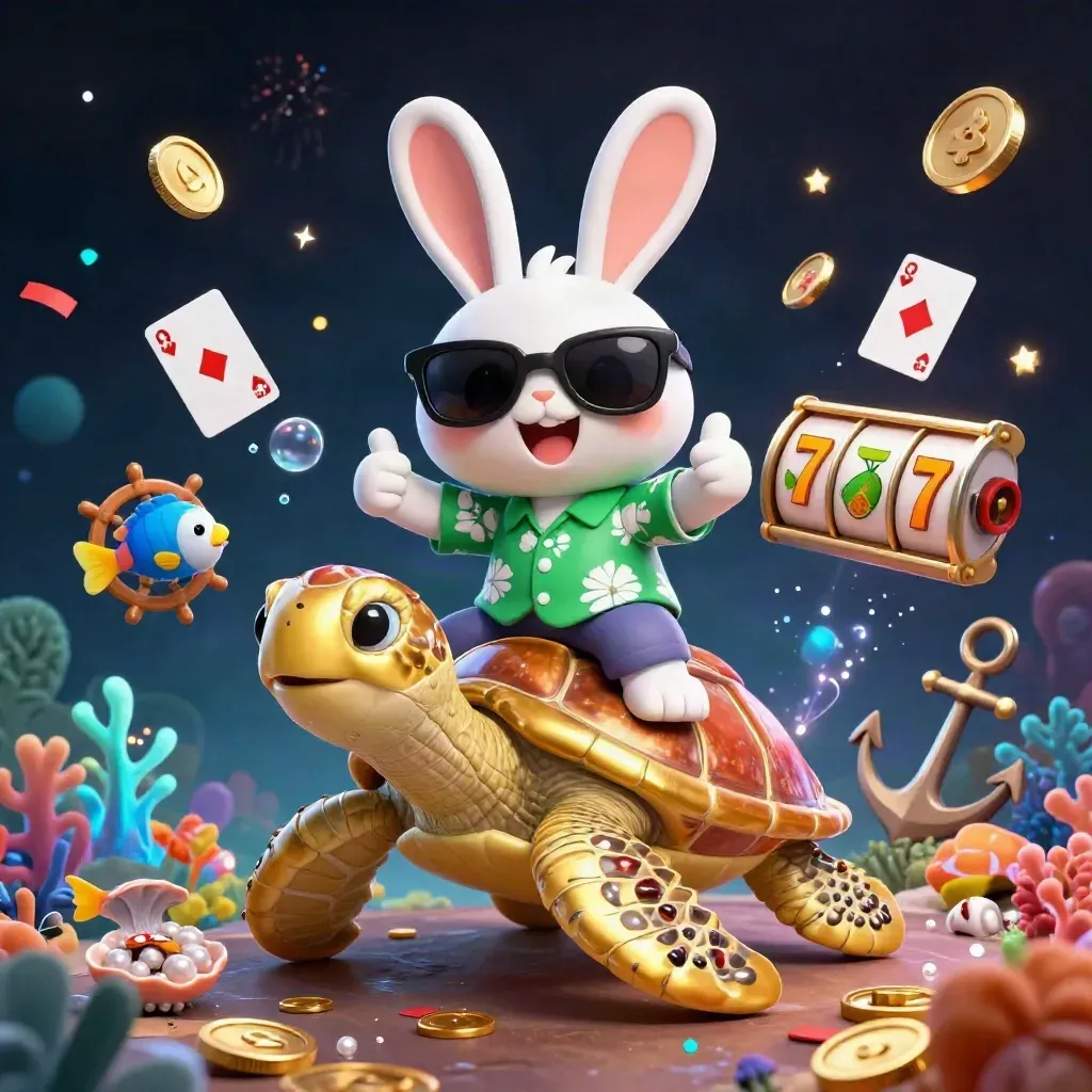 Rabbit rides a golden sea turtle through an underwater treasure cove with glowing casino symbols.