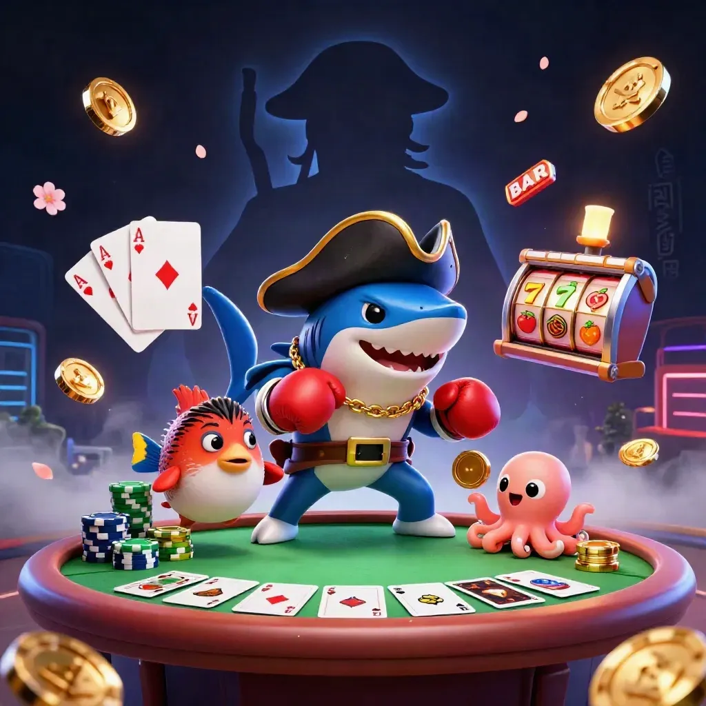 Shark pirate, boxing pufferfish, and coin-juggling octopus amid casino chips and reels