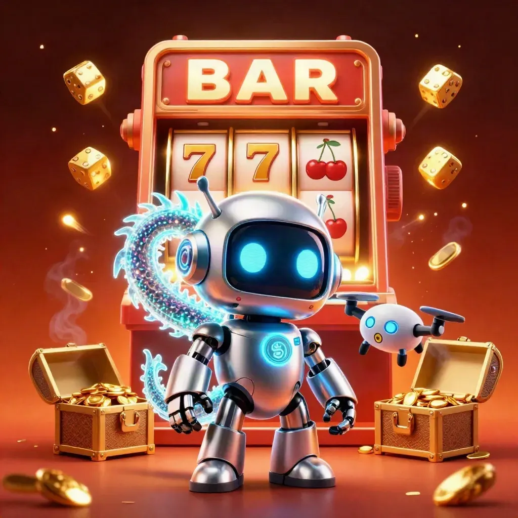 Cyberpunk robot, hologram dragon, and coin drone bursting from a slot machine in gold and ember glow.