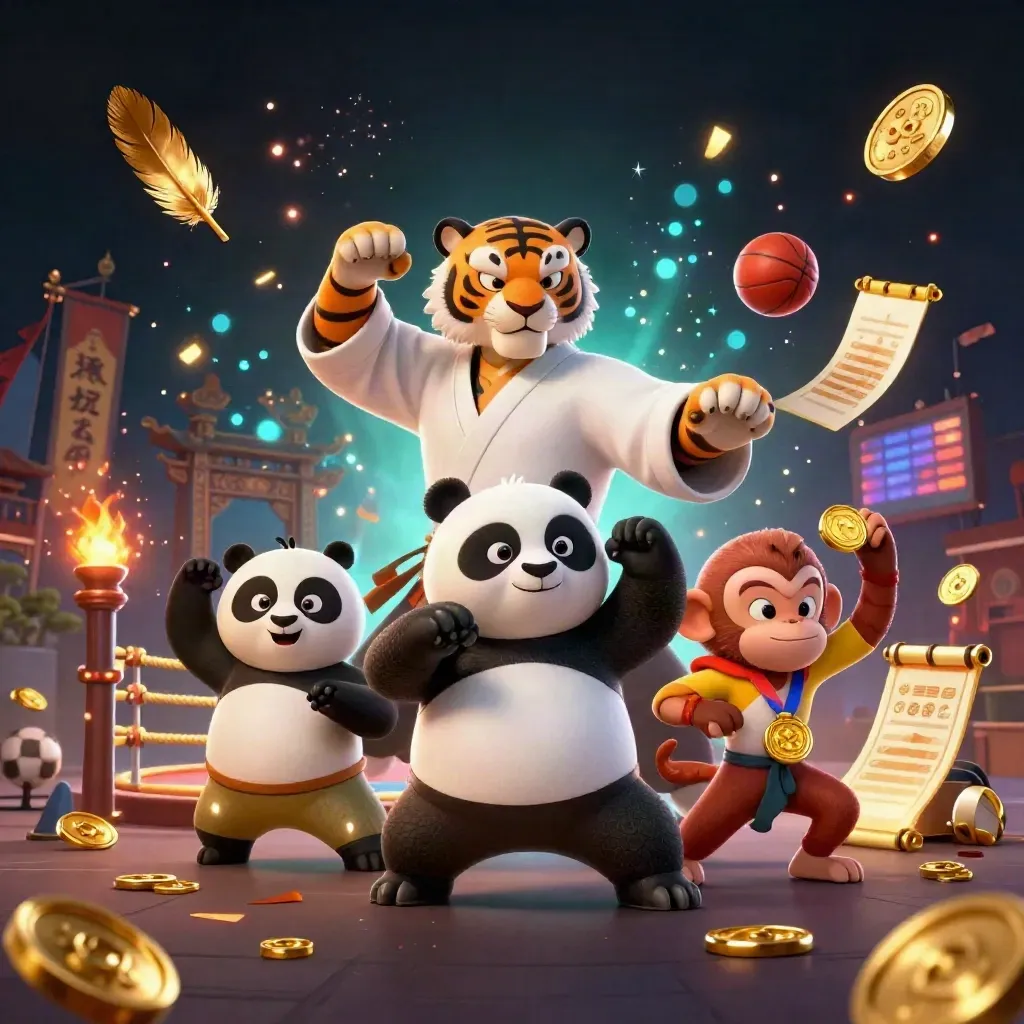 Kung-fu tiger, panda, and monkey amid gold coins, sparks, and neon casino energy.