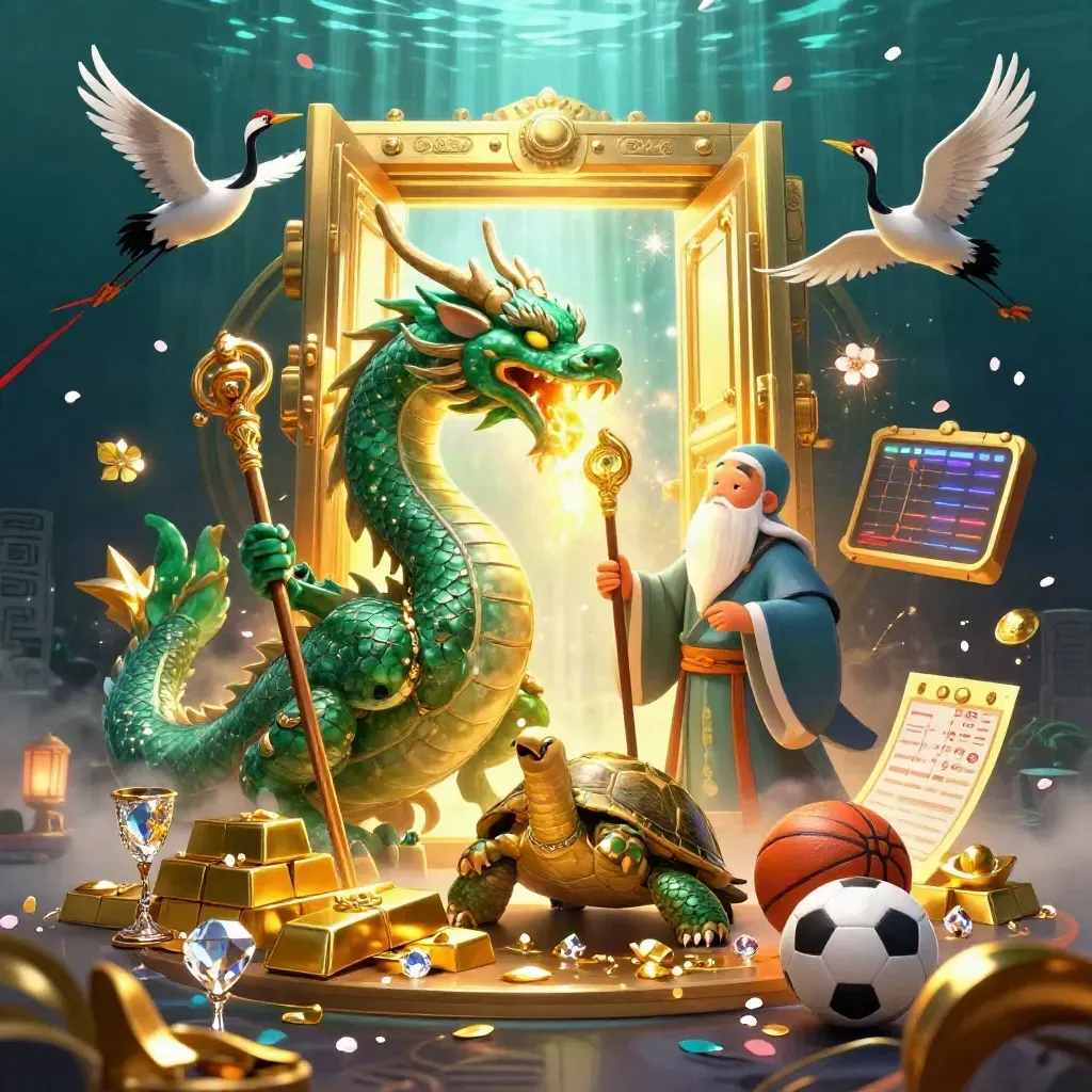 Emerald dragon, turtle sage, cranes, gold vault, sports balls and glowing treasure in dark teal