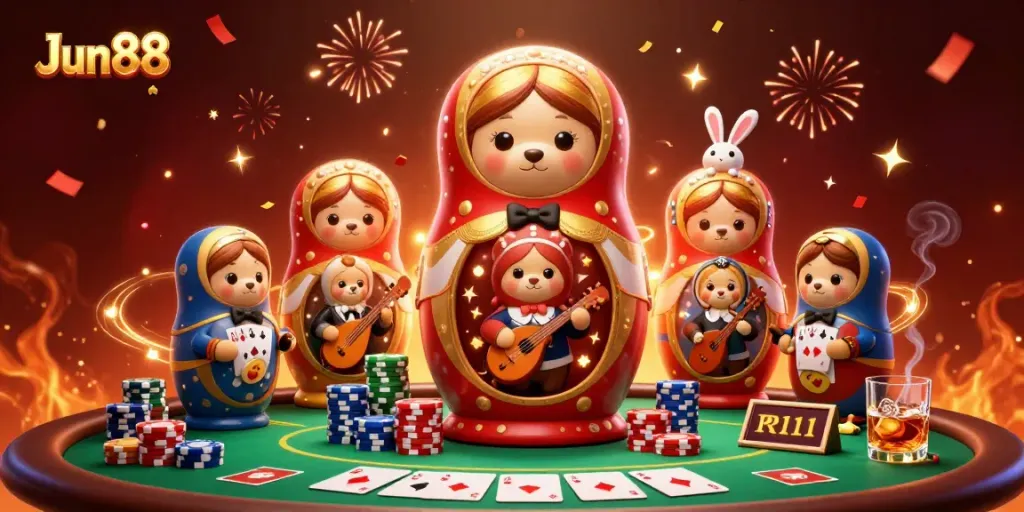 Jun88 showcases a vibrant 3D casino scene with playful characters and action-packed gaming elements.