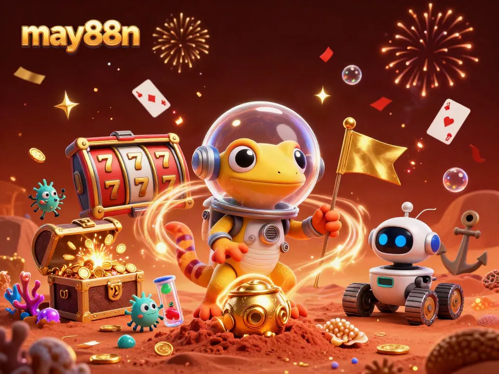 Engage with may88n in a vibrant casino-themed adventure filled with treasures and exciting games.