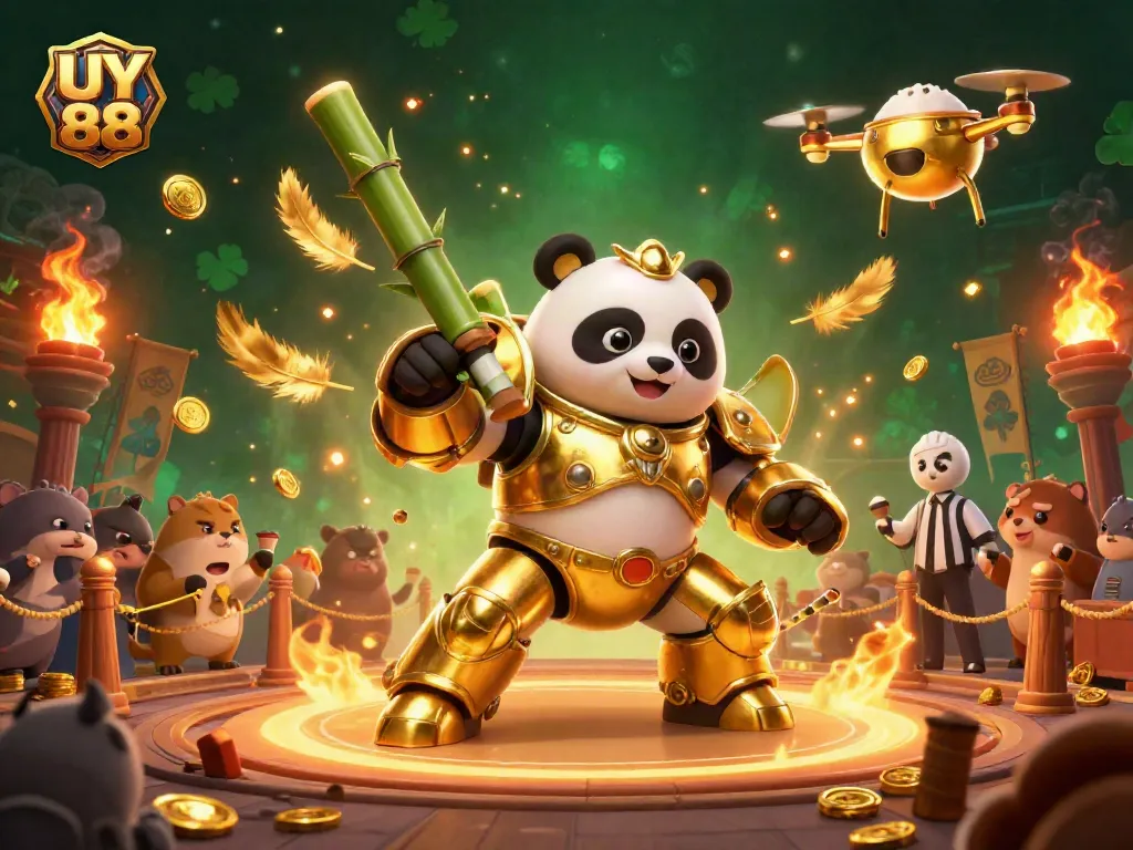 Experience thrilling casino battles in UY 88 with golden panda mech pilots and dynamic arena elements.