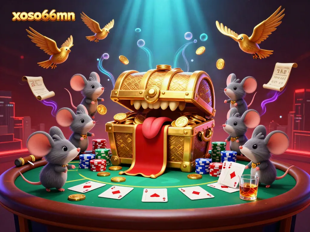 xoso66mn showcases an adventurous scene of a treasure chest luring players with poker elements in a vibrant casino