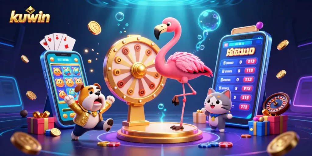 Kuwin captures excitement through the flamingo host, bulldog contestant, and prizes in a dynamic casino scene.