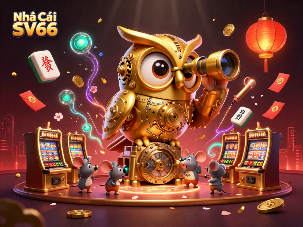 Engage with Nhà Cái SV66 as the golden owl oversees an exciting casino game scene filled with vibrant elements.