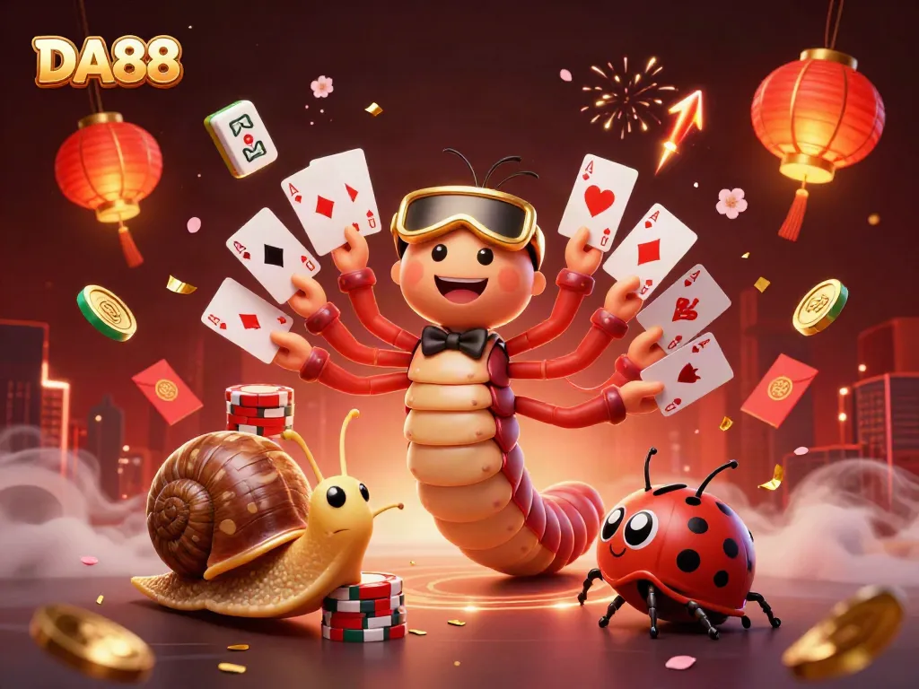 DA88 players winning with a cartoon millipede dealer featuring multiple cards and dynamic casino elements