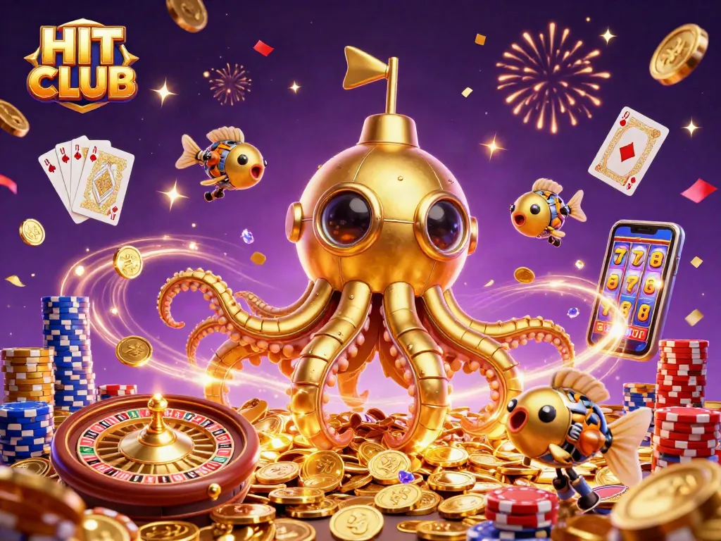 Experience HIT CLUB with a vibrant underwater scene of golden treasures and dynamic gambling elements.