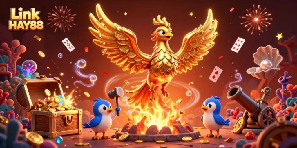 Engage in thrilling games with Link HAY88 and witness a golden phoenix amidst treasure.