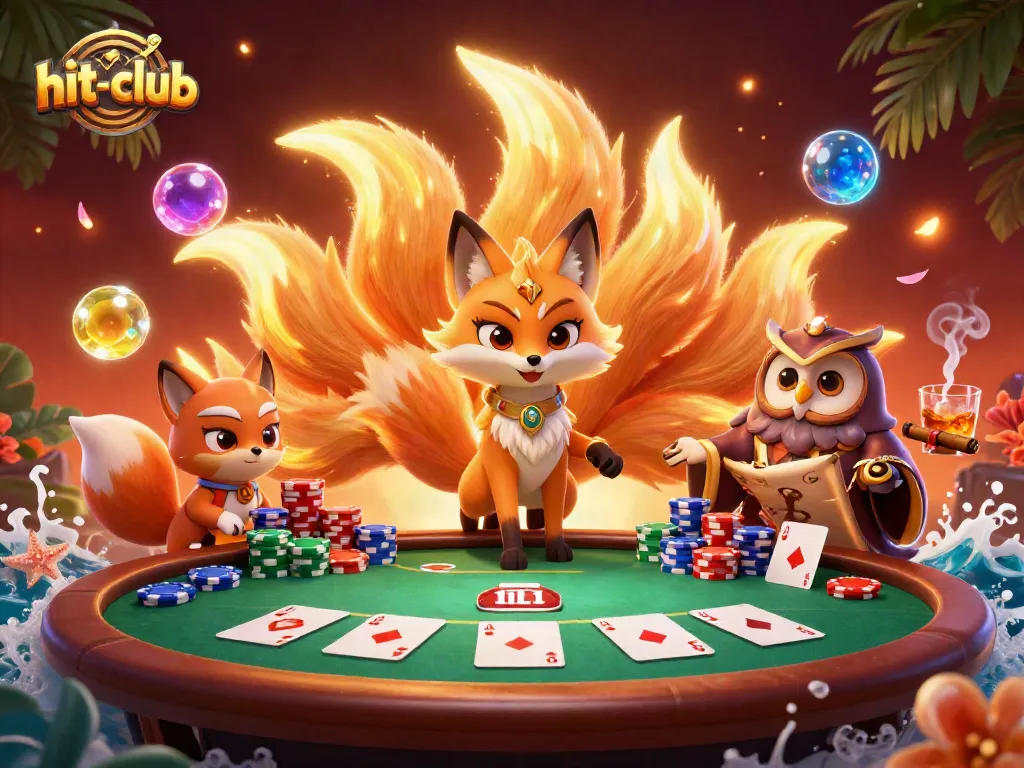 Engage in vibrant gameplay at hit-club with an enchanting 3D illustration featuring a nine-tailed fox and poker elements.