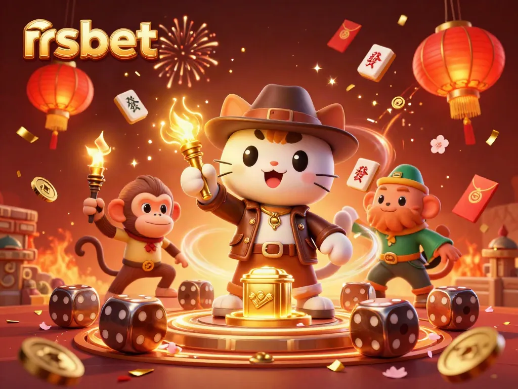 Win with rsbet in a vibrant online casino scene, featuring an archaeologist cat and monkey.