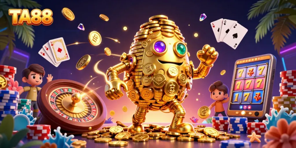 Experience the thrill of TA88 with a dazzling 3D casino illustration featuring a golden golem and vibrant gaming elements.