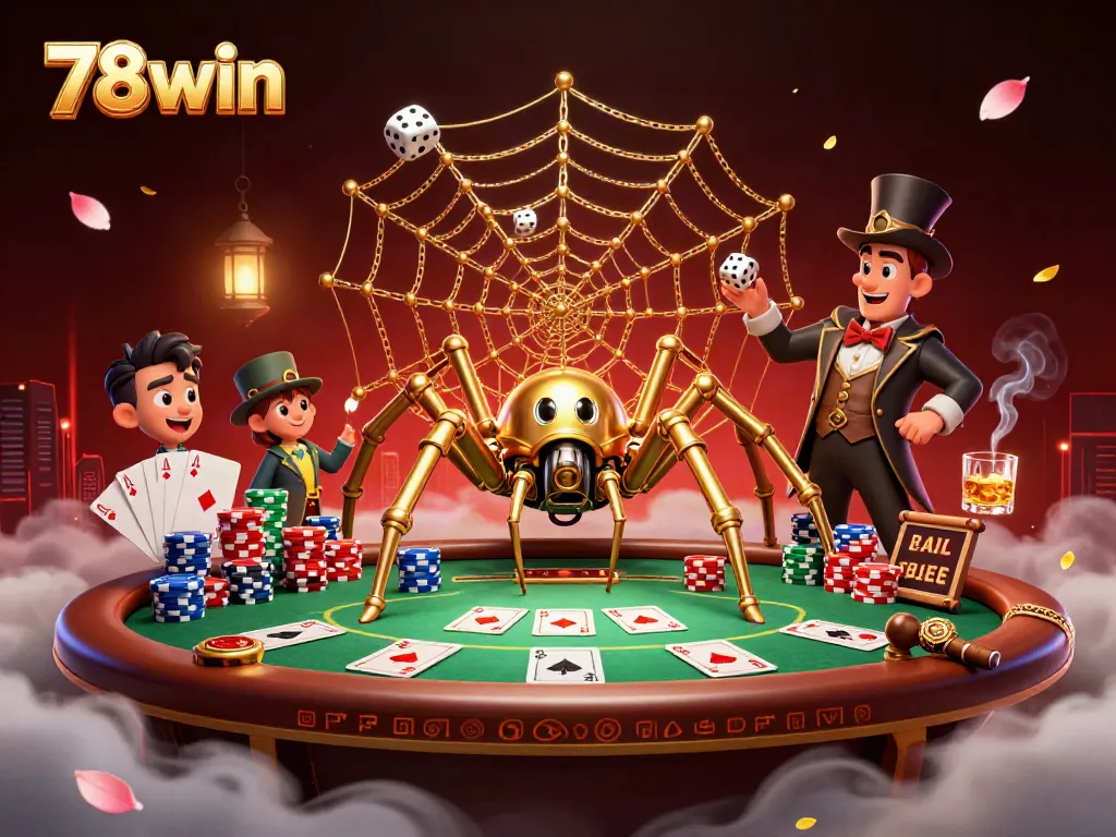 Spin the reels at 78win's vibrant gaming scene filled with gold, poker chips, and steampunk charm.