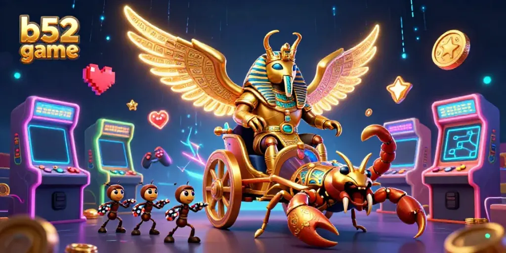Experience the thrill of b52 game with golden scarab and vibrant arcade elements in this dynamic casino scene.
